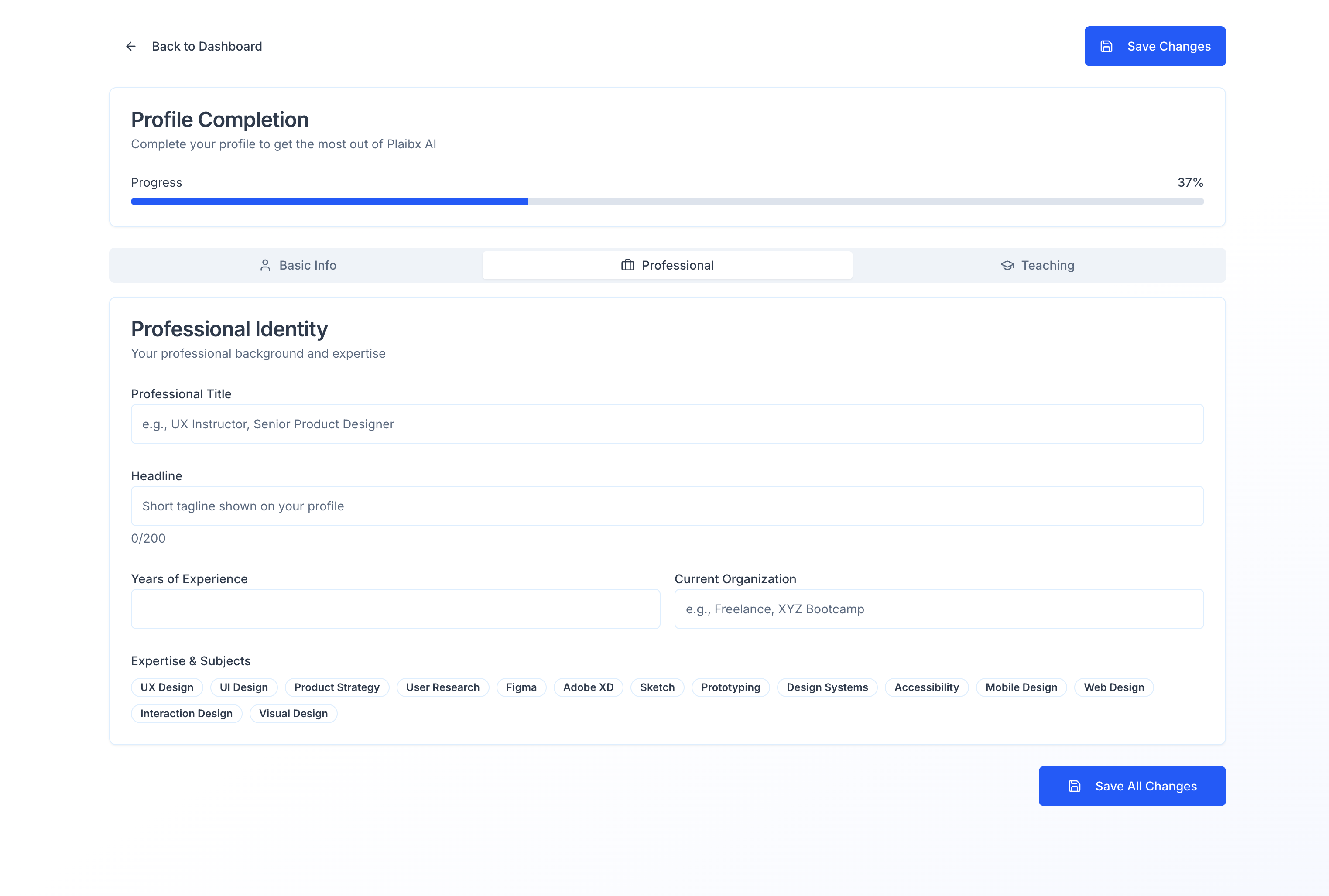 Plaibx Profile Completion screen